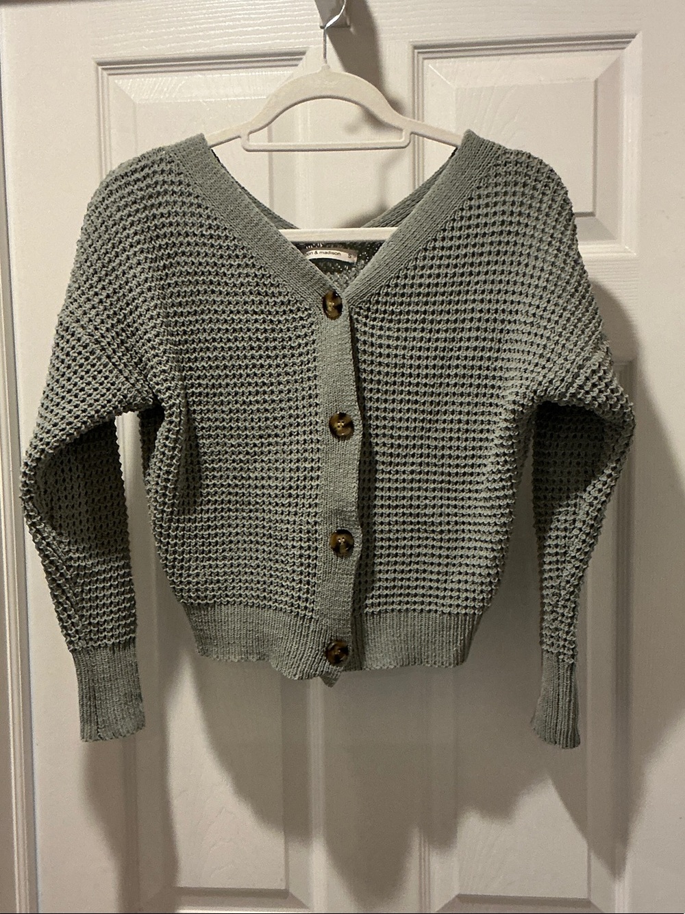 moon & madison Sage Green Button Front Waffle Knit Cardigan